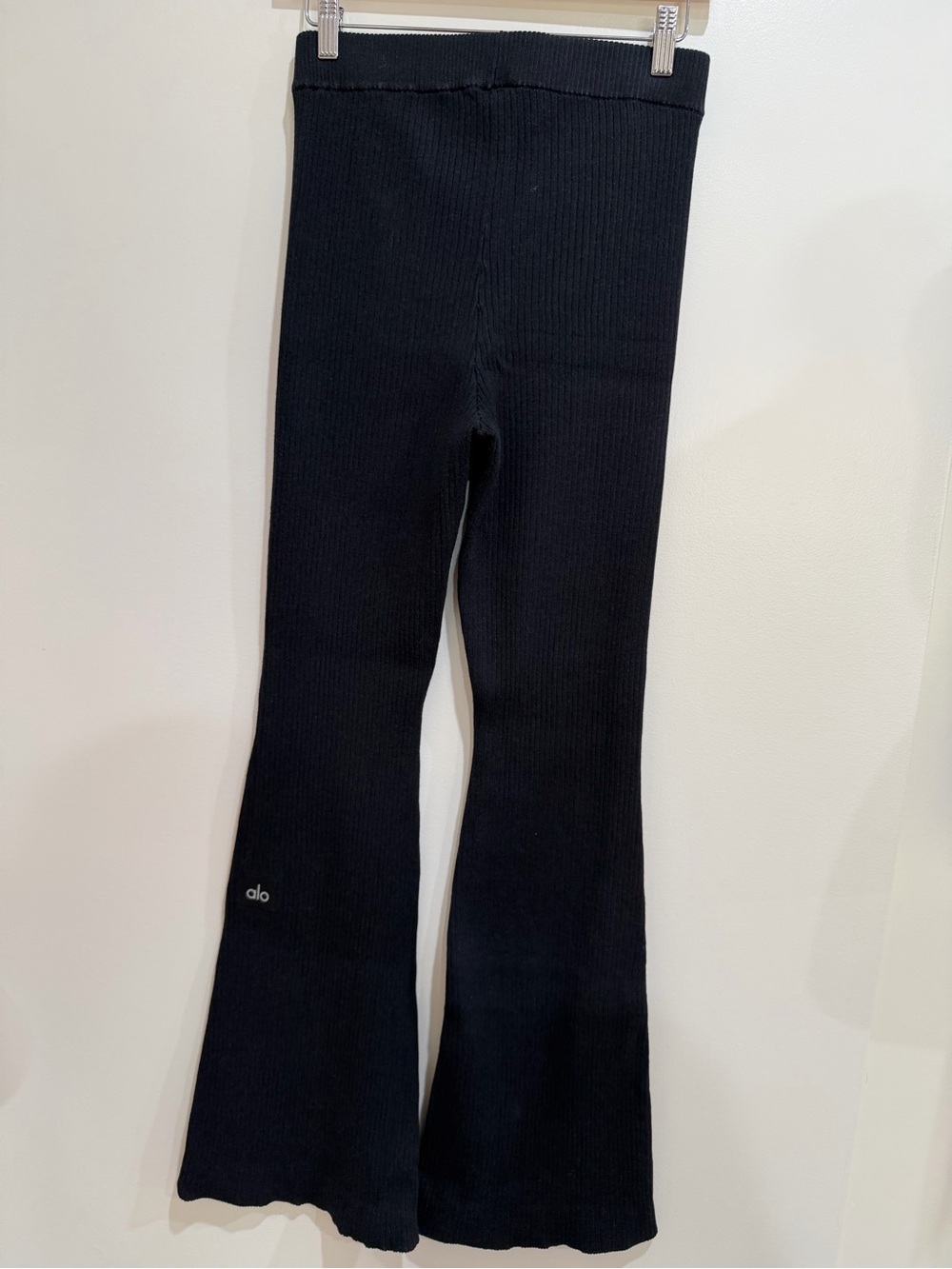 Alo Black Ribbed Knit Flared Pants - Picture 2 of 5